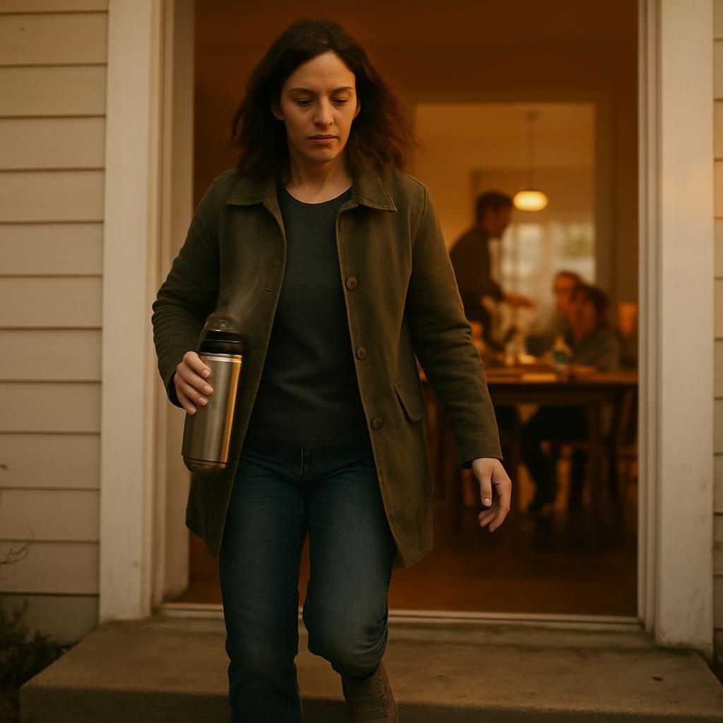 Warm, candid hero photo: Elena mid‑motion on the front step at golden dusk, dirt on her shoes, steaming thermos in hand, coat half‑buttoned; natural, unposed expression. Background: warm, blurred family dinner visible through the open door — husband at the island, two children mid‑laugh, phones tucked in bowl on the counter. Handheld tilt, slight motion blur, tactile details (scuffed shoes, smudged counter, mismatched plates), Kodak‑Portra warm grade, subtle grain, shallow depth of field, Warm, candid hero photo: Elena mid‑motion on the front step at golden dusk, dirt on her shoes, steaming thermos in hand, coat half‑buttoned; natural, unposed expression. Background: warm, blurred family dinner visible through the open door — husband at the island, two children mid‑laugh, phones tucked in bowl on the counter. Handheld tilt, slight motion blur, tactile details (scuffed shoes, smudged counter, mismatched plates), Kodak‑Portra warm grade, subtle grain, shallow depth of field,