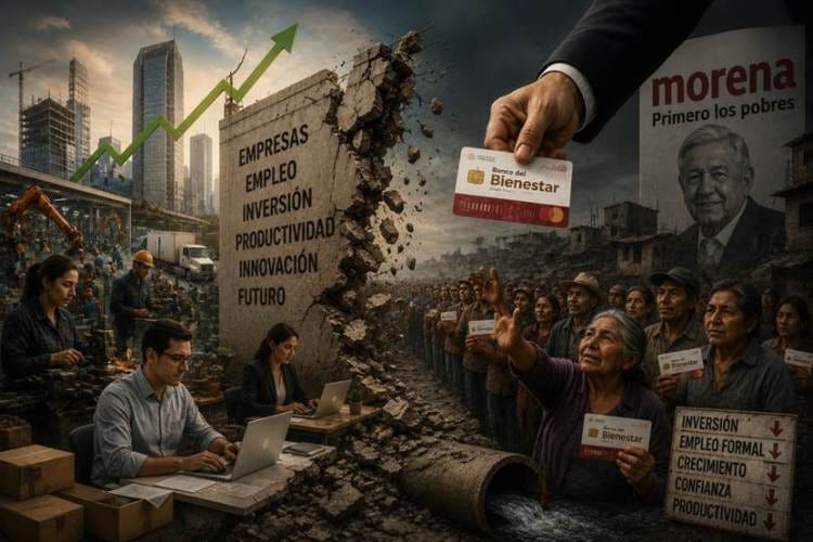 Imagen que muestra un contraste entre el desarrollo empresarial y la pobreza, con un gráfico ascendente, trabajadores en fábricas, y personas recibiendo tarjetas del Banco del Bienestar, simbolizando la inversión en el bienestar social.