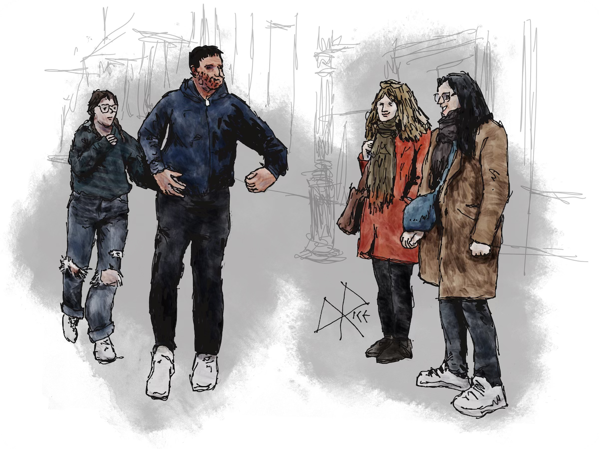 Standing on a sidewalk, two women stand and smile as a man and woman pass by in front of them. The man is practically performing while maintaining his forward motion. Sketch art by Don Rice.
