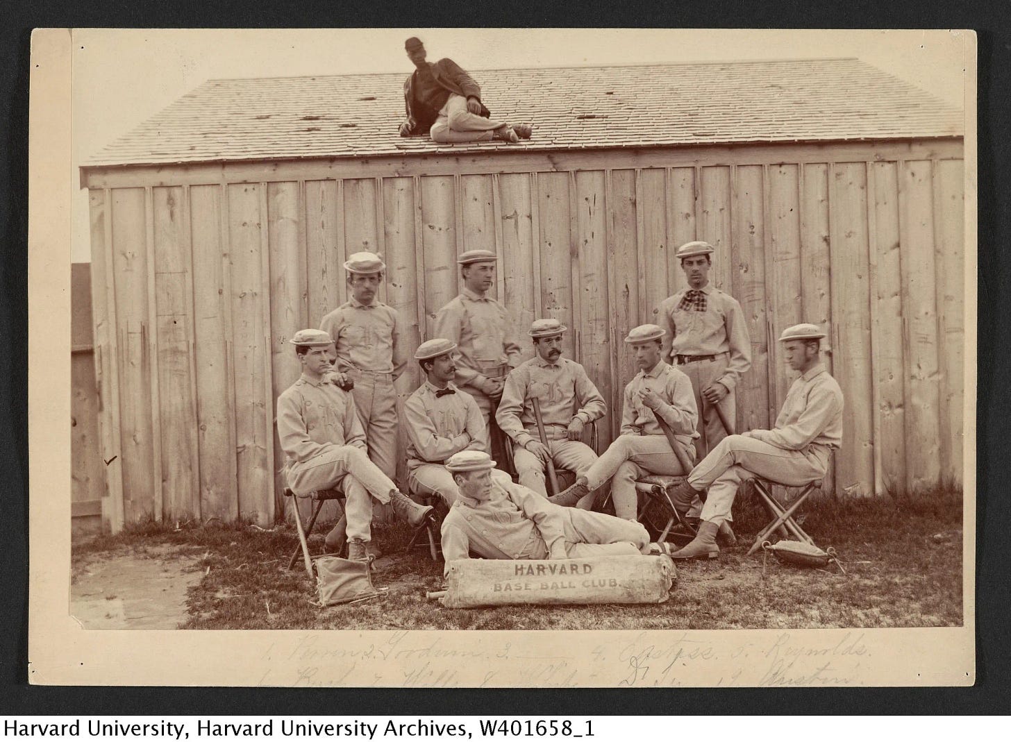 sepia photograph of 1871 baseball team posed with their equipment in front of a wooden building with one man reclining humorously on the roof. 
