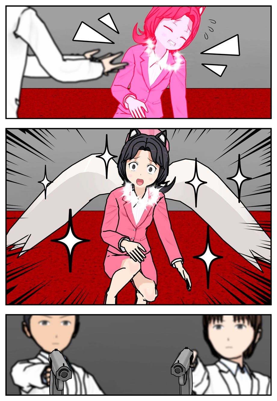 Rae winces as one of the assistants puts a diamond collar around her neck. To her dismay, she powers up and sprouts her wings. The assistants brandish their weapons at her.