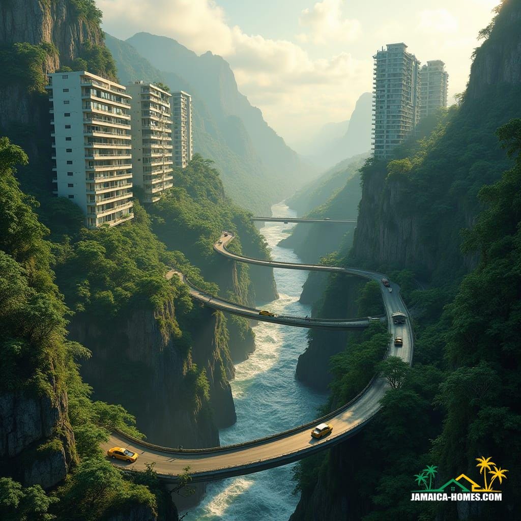 Jamaican mountain pass with narrow winding road, fast-moving river, and lush green cliffs, modern apartment towers rise with realistic glass, concrete, and steel, connected by skybridges, Jamaican taxis and cars navigate, tropical vegetation on cliffs, golden sunlight through misty clouds, in ultra-realistic cinematic style inspired by filmmakers like Denis Villeneuve, Roger Deakins, and Emmanuel Lubezki, with cinematic lighting, film grain, and vignette.