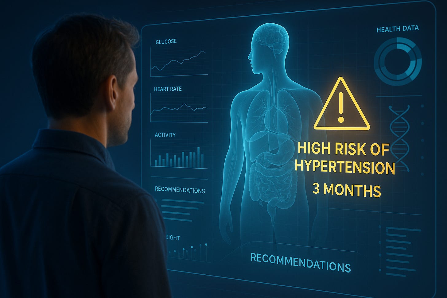 A man examines a futuristic digital health interface displaying a semi-transparent human body with organ overlays, warning of a high risk of hypertension in three months, alongside real-time charts of glucose, heart rate, and activity data.