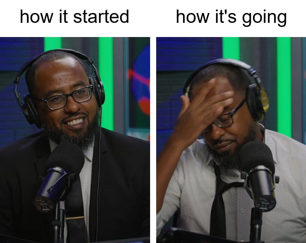 Pablo Torre wearing headphones and a suit, speaking into a microphone. Text overlay reads "how it started" on the left image and "how it\'s going" on the right image, showing Pablo Torre with a hand on his forehead.