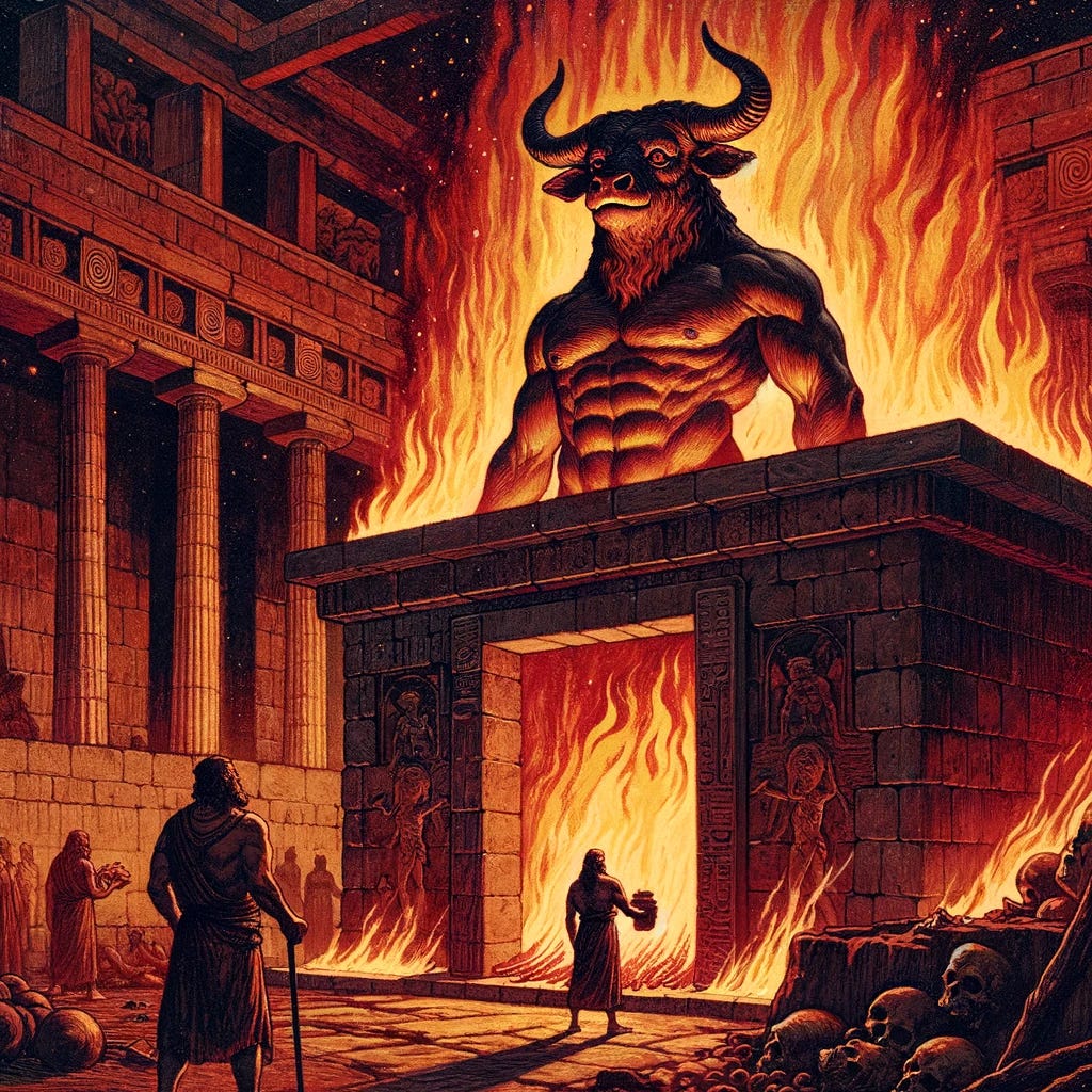 Illustrate the Canaanite god Moloch in a traditional depiction, emphasizing the aspect of fire. Moloch is portrayed with a bull's head, complete with horns, and a muscular human-like body. The deity stands before a large, fiery furnace, into which offerings are being made. The scene is somber, with the flames casting a glow on Moloch's figure and the surrounding area. The background should include ancient Canaanite architectural elements to set the scene. The color palette includes deep reds, oranges, and yellows of the fire, contrasting with the dark, earthy tones of Moloch and the environment.