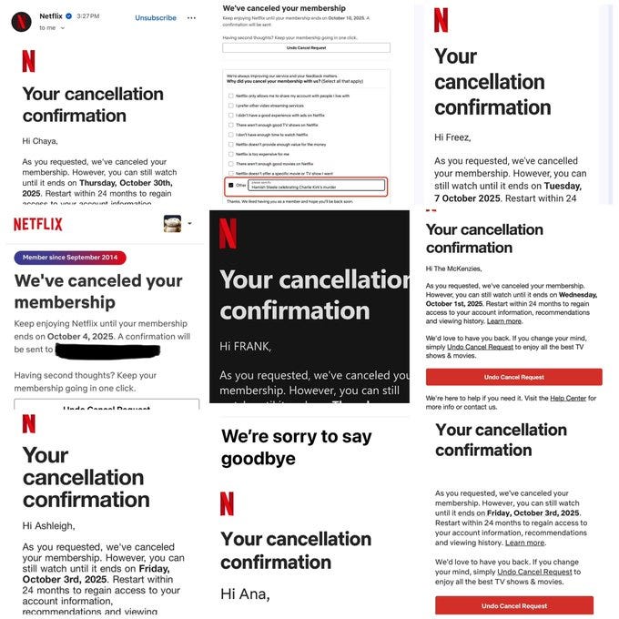 Multiple screenshots of Netflix cancellation confirmation emails. Each email includes text stating "Your cancellation confirmation" with names like Hi Freezy, Hi Frank, and Hi Ana, and dates such as Tuesday, October 24, 2023, or Friday, October 27, 2023. The Netflix logo is visible at the top of each screenshot.