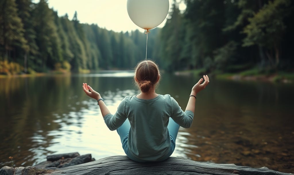A person sitting peacefully in nature, perhaps by water or in a forest—conveying contentment and authenticity. Their hands releasing a balloon, symbolizing release and freedom