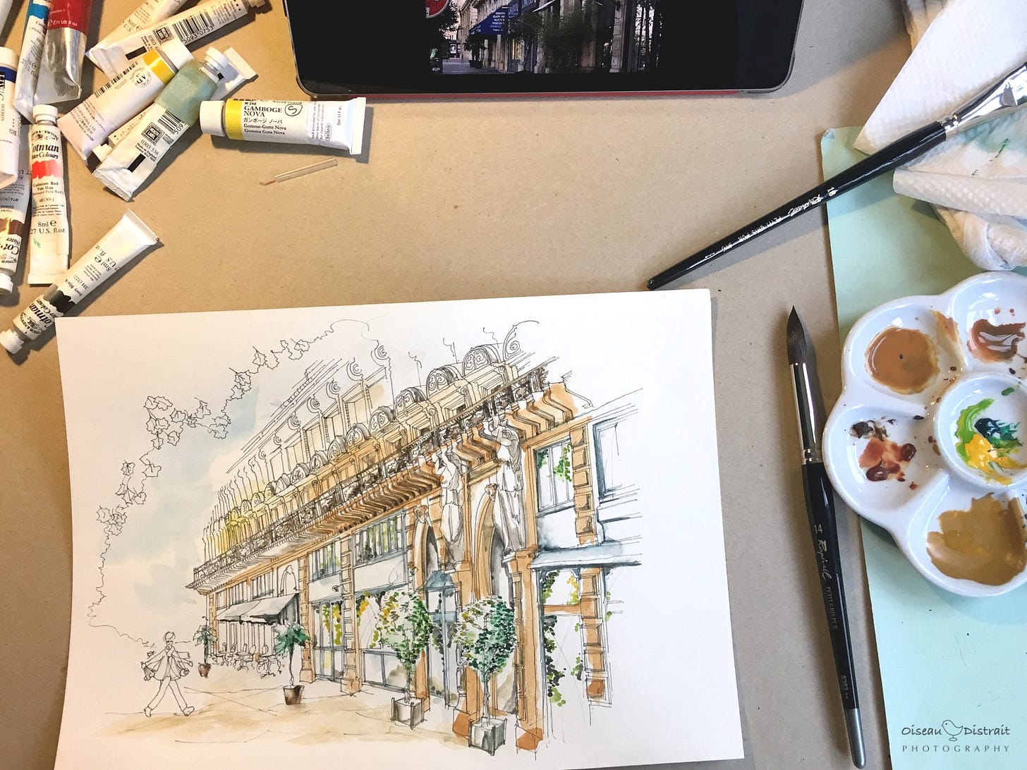 Completed colour drawing on the work desk.