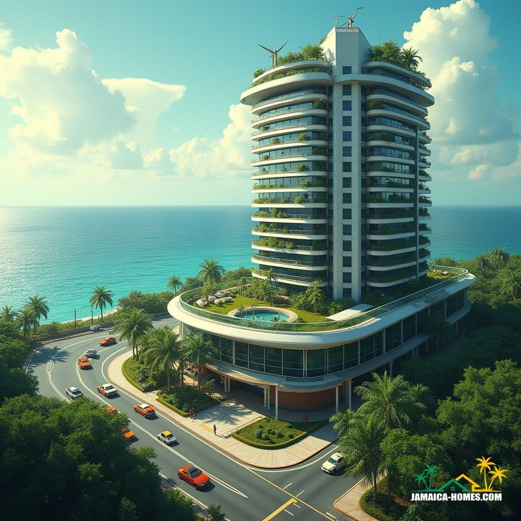 Montego Bay, imagined in 2050: a multi-tower complex pushing the limits of vertical and horizontal living, sky parks and rooftop petrol stations, solar and wind tech integrated into facades