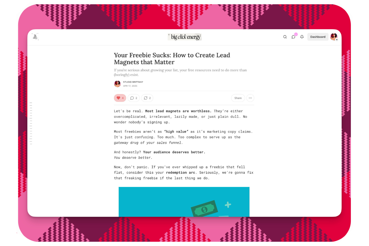 Big Click Energy Substack article ‘Your Freebie Sucks’ shown on screen with pink patterned border.