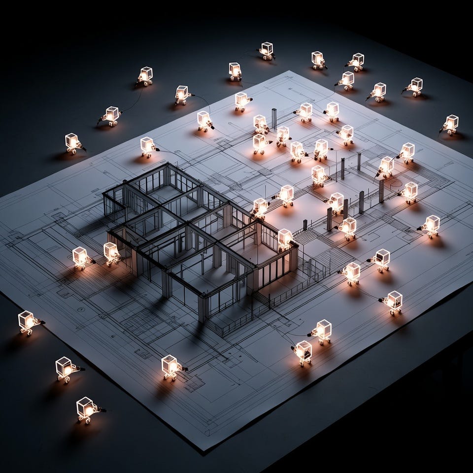 A technical illustration of an aerial view of an architect's blueprint with autonomous agents working on a complex structure.