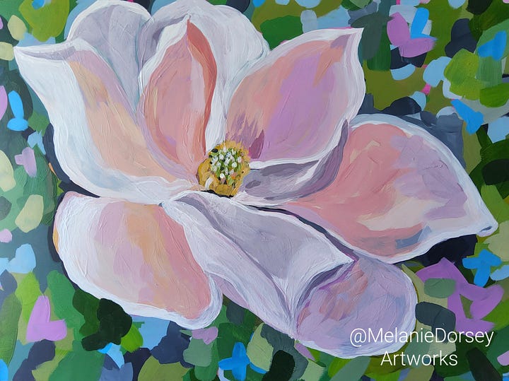 Blue Heron watercolor, Magnolia in acrylic, Orchid in my garden, In my studio