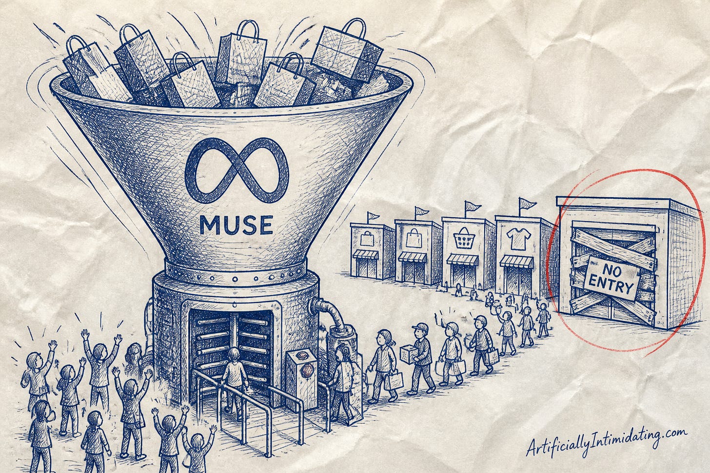 A giant funnel machine labeled MUSE swallowing shopping bags from a line of storefronts while the last big store has a boarded-up door and a NO ENTRY sign.