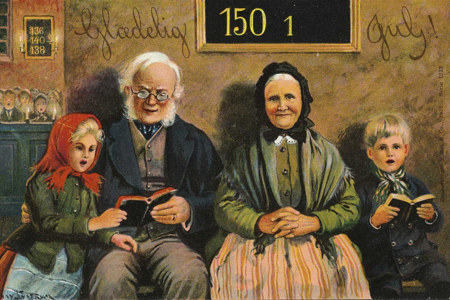 Merry Christmas — a postcard painted by Jenny Nystrøm depicting a Christmas church service. | Mittet & Co. AS. Nasjonalbiblioteket nb.no. Public domain. Merry Christmas — a postcard painted by Jenny Nystrøm depicting a Christmas church service. | Mittet & Co. AS. Nasjonalbiblioteket nb.no. Public domain.