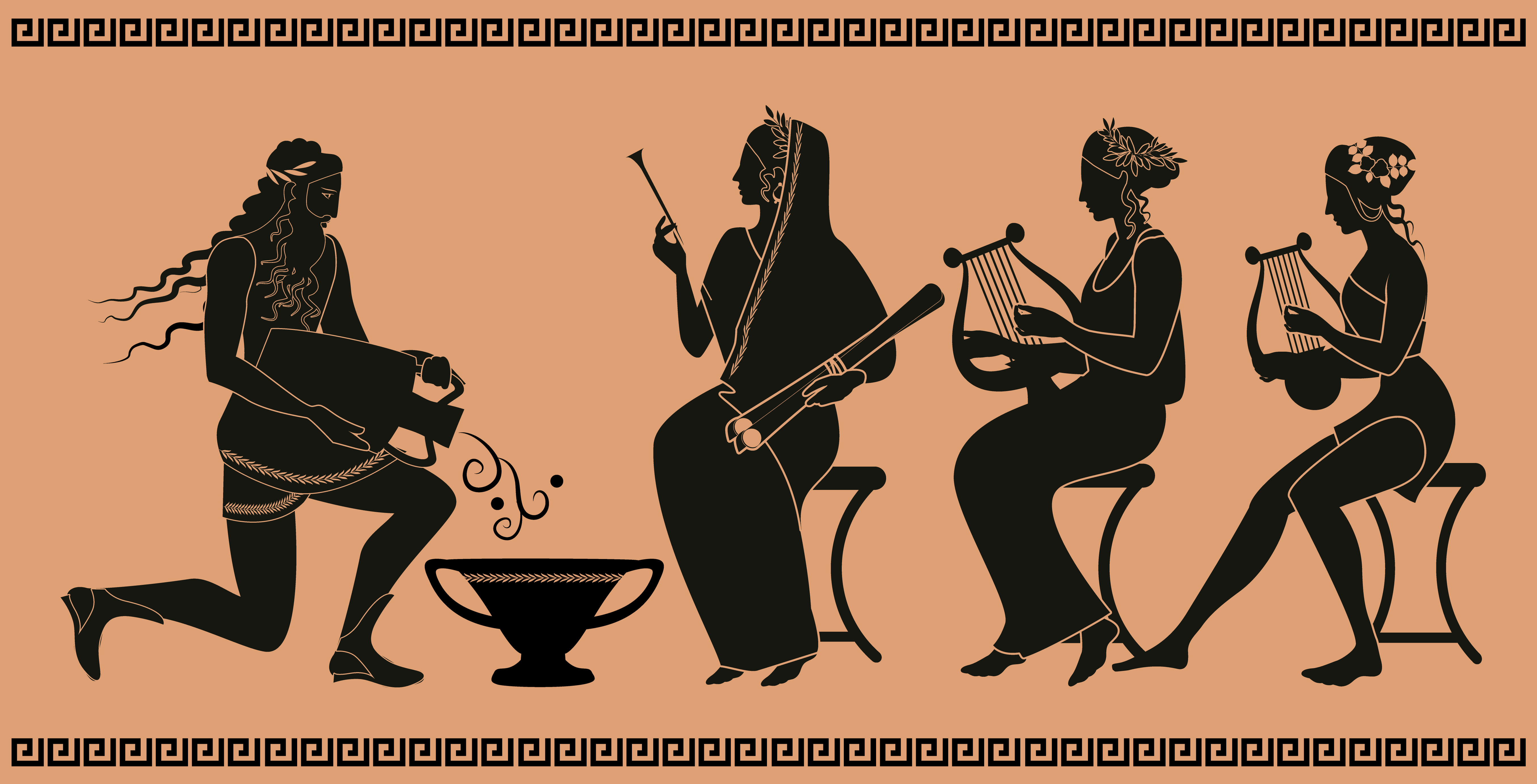 Man pouring offering from an amphora into a bowl for three muses.