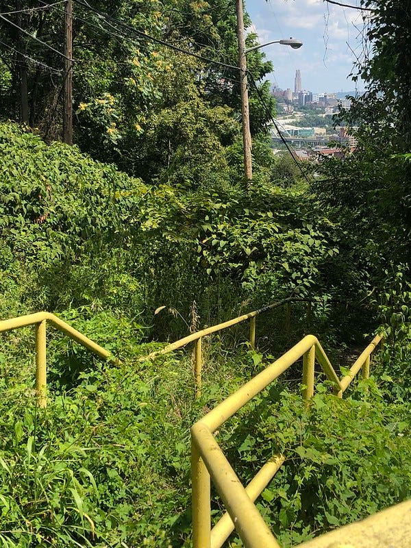 Top of Welsh Way city steps with the Cathedral of Learning in the far distance.