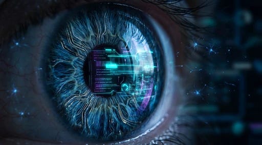 A close up of an eye with digital data reflecting in it, representing neural processing.