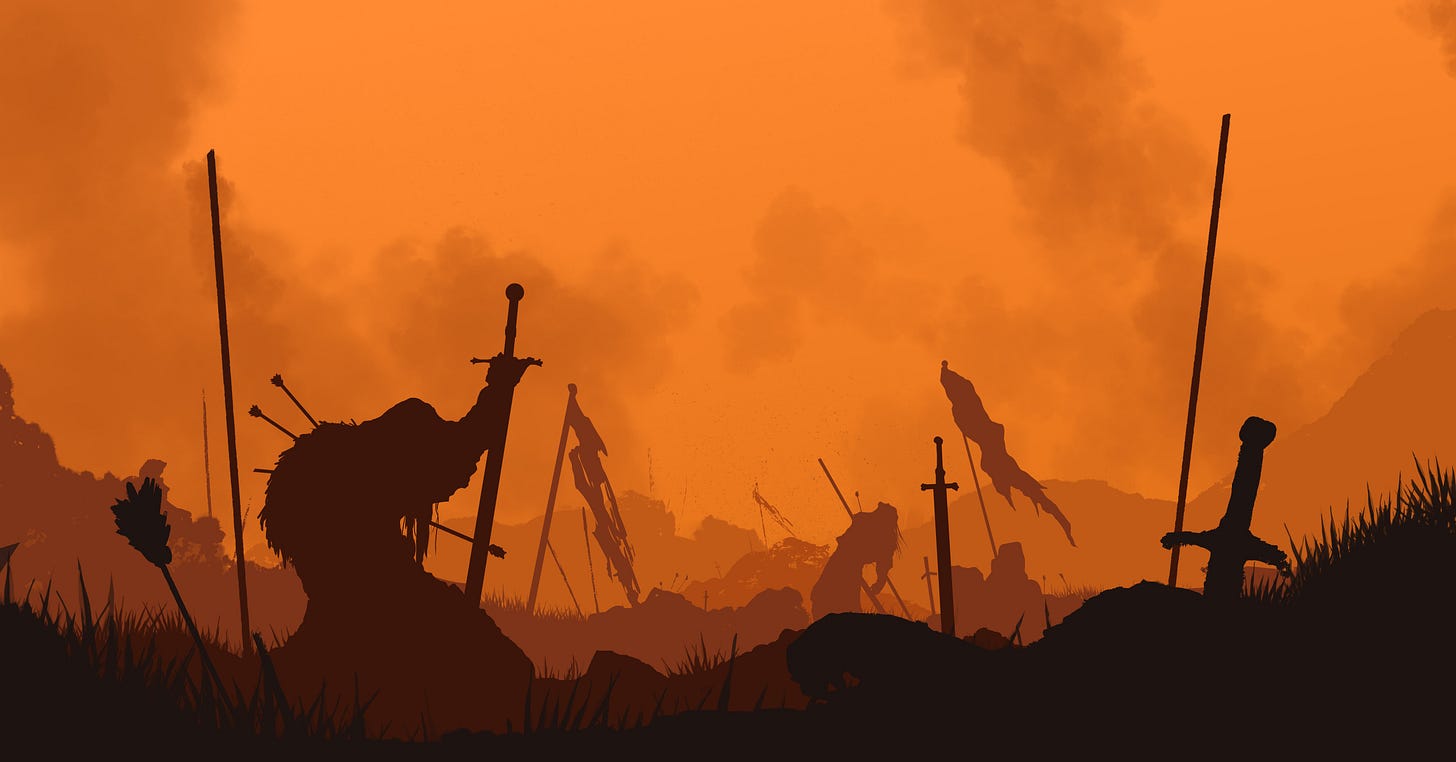 A warrior kneels on the ground after a long, hard-fought battle.