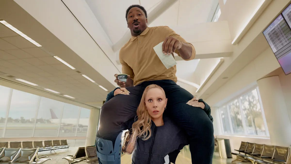 Juno Temple and Myles Garrett in an Oikos Super Bowl ad