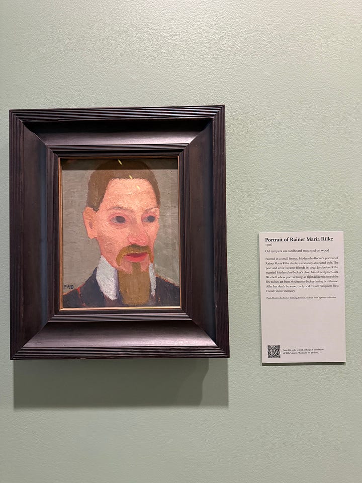 Exterior of the Art Institute of Chicago with lion sculpture wearing a holiday wreath; framed portrait of the poet Rilke with a full beard
