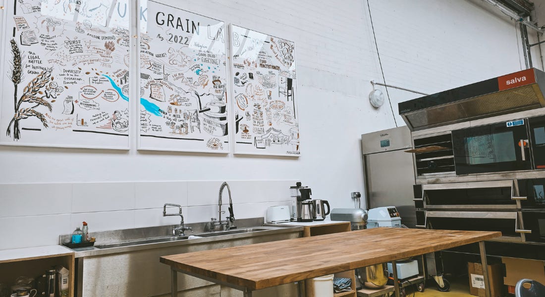 A kitchen set-up with handwritten and drawn artwork on the walls, a stainless steel sink, ovens, and a wooden table