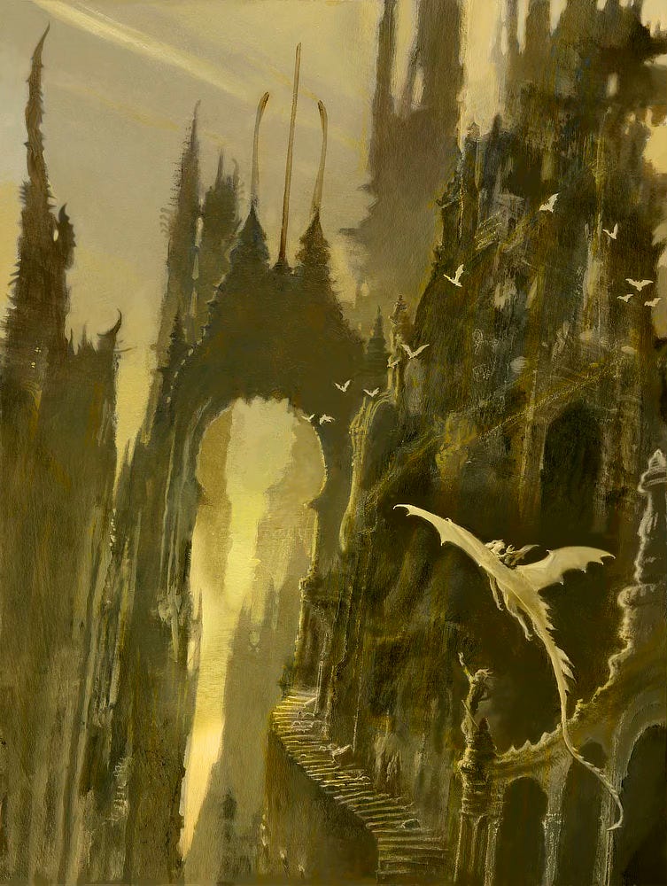 A white dragon with Elric riding on its back soars against the backdrop of a fantastic city rendered in amber and black. Steps wind up to an ornate gate and into the city of Melnibone. The background is loosely rendered with a tower most immediate to the left. Other dragons glide around it, rendered as small as birds to give a sense of scale. A white dragon with Elric riding on its back soars against the backdrop of a fantastic city rendered in amber and black. Steps wind up to an ornate gate and into the city of Melnibone. The background is loosely rendered with a tower most immediate to the left. Other dragons glide around it, rendered as small as birds to give a sense of scale.