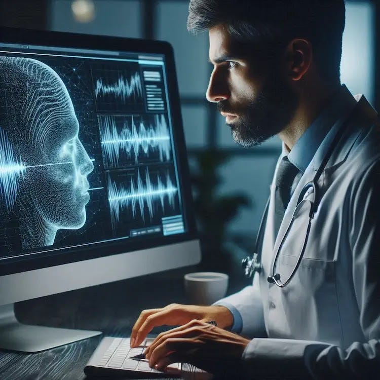 A doctor reviews a digital visualization of speech patterns on a computer screen.