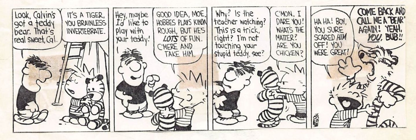 An aging photocopy of a four-panel Calvin and Hobbes comic in in which Hobbes is a lifeless stuffed tiger in Calvin's arms for the three frames that a bully is teasing Calvin by calling Hobbes a teddy bear, but springs to life in the fourth frame to tell the bully off once he’s already long gone. In that last frame, Hobbes is all teeth as he growls: “Come back and call me a ‘bear’ again! Yeah, YOU, Bub!!”