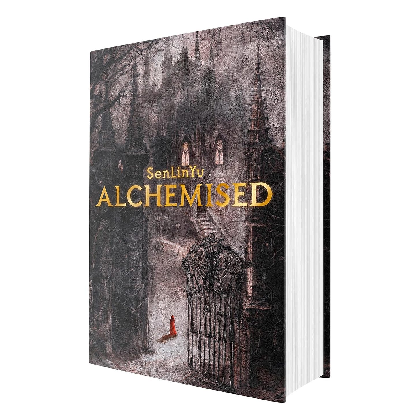 3D view of the cover of Alchemised by SenLinYu. A small red figure walks past iron gates into a dark city.