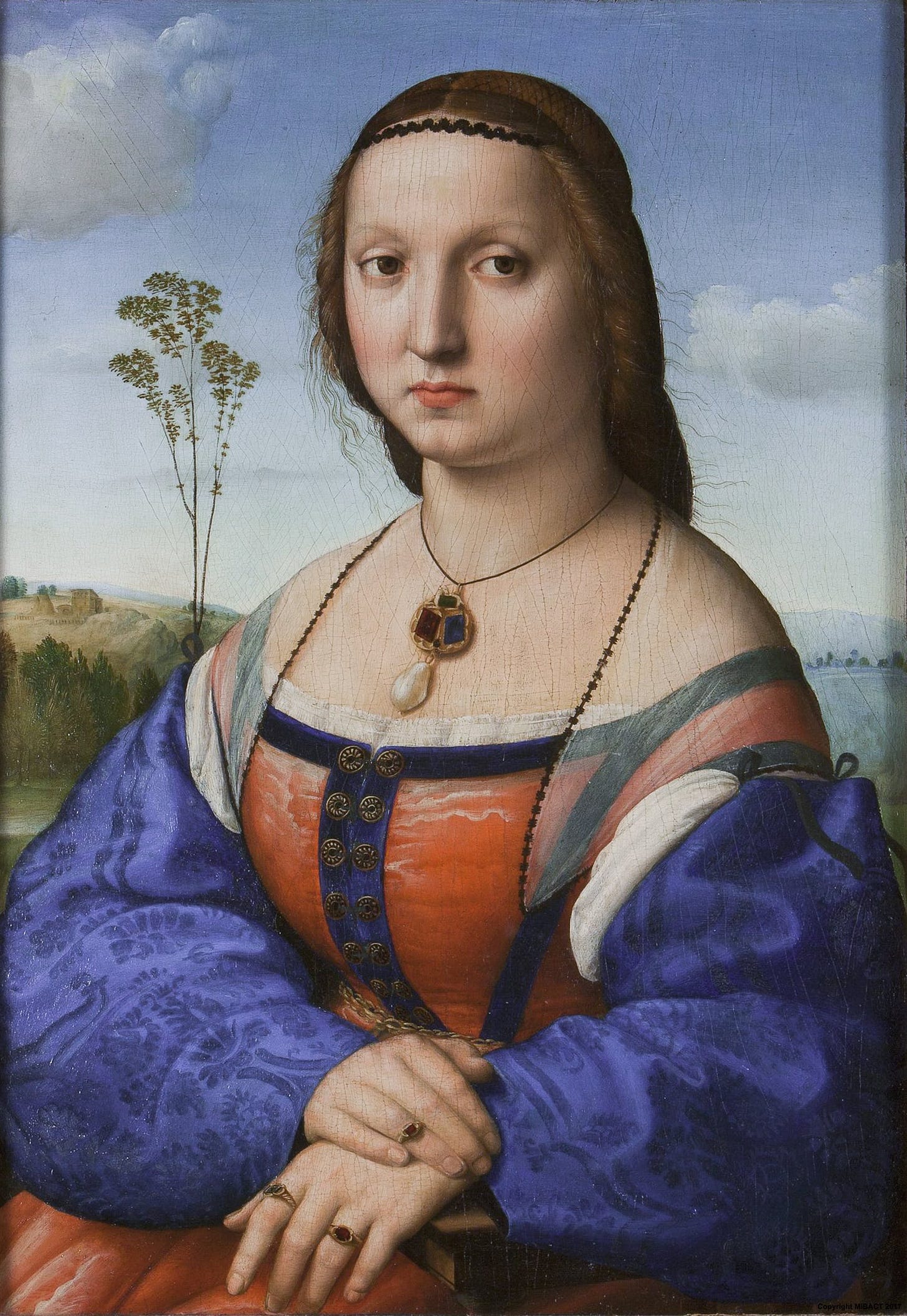 Portrait of Maddalena Doni by Raphael: a seated woman with folded hands, in a pose taken from the Mona Lisa