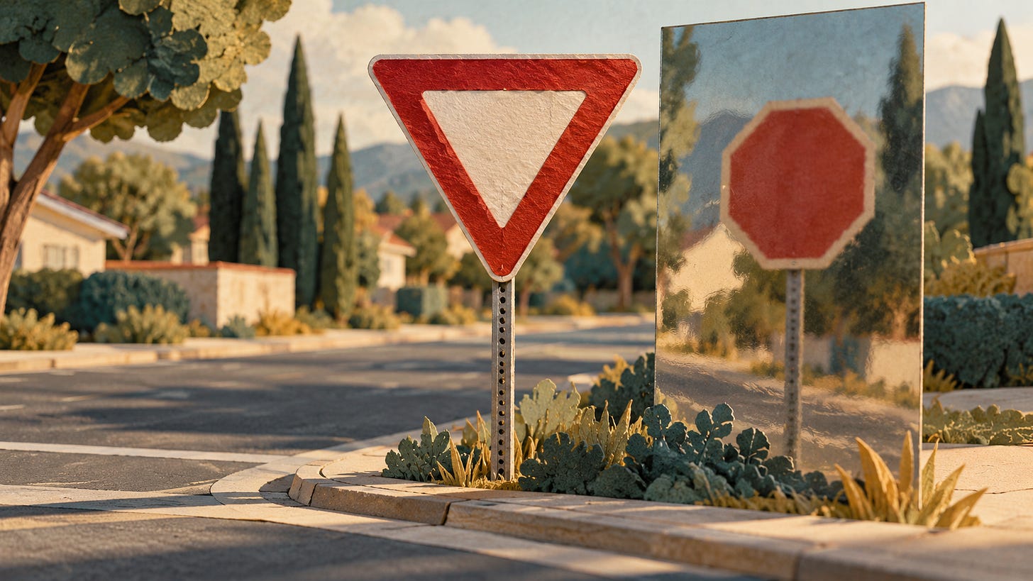 A yield sign at a neighborhood intersection, with a stop sign reflected in a mirror beside it.