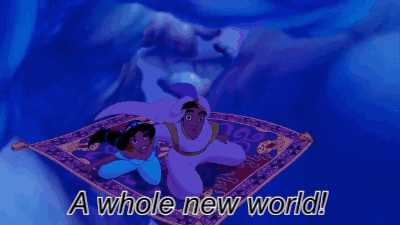 Aladdin and Jasmine on a magic carpet with the text "A whole new world!" Aladdin and Jasmine on a magic carpet with the text "A whole new world!"