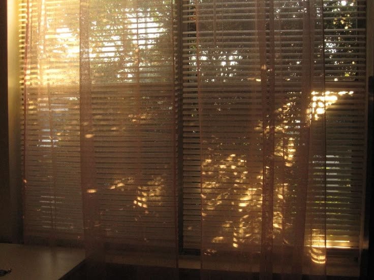This may contain: the sun is shining through the blinds in this room