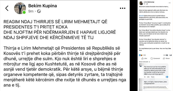 Një postim publik me nxitje dhune ndaj Presidentes u pasua nga reagimi zyrtar i Presidencës, që e kornizon gjuhën e përdorur si thirrje për dhunë dhe njofton hapa ligjorë. Rasti nxjerr qartë vijën ndarëse mes kritikës politike dhe diskursit që e rrezikon rendin demokratik, duke vënë në provë përgjegjësinë e fjalës publike dhe besueshmërinë e institucioneve.