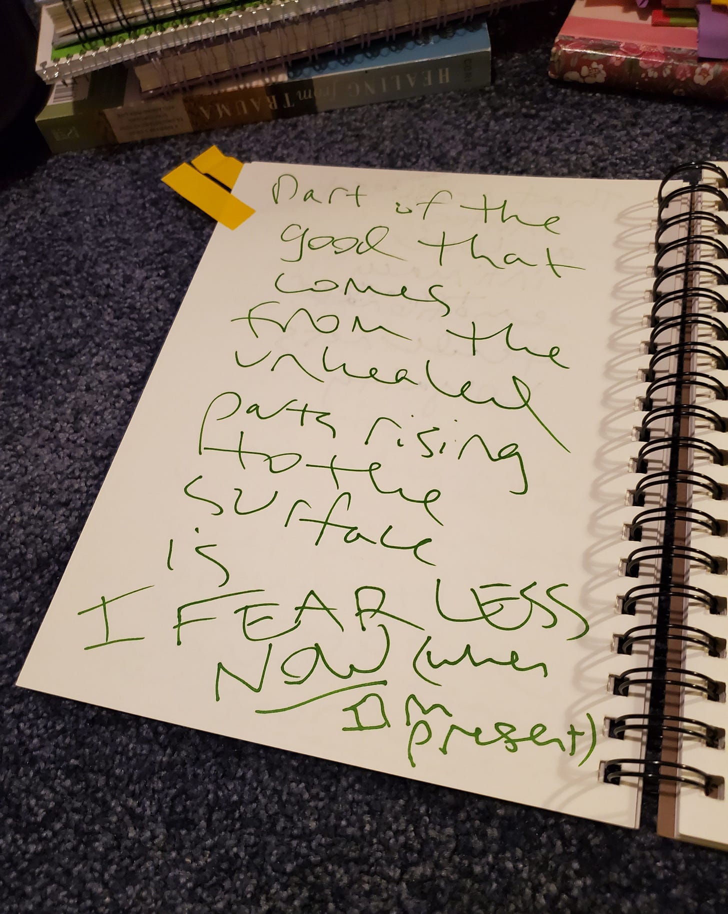 an open notebook with writing; in the background are piles of journals and a book on trauma healing