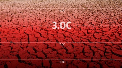 A graphic showing temperature figures – 2C, 3C, 4C – on a background of a red-tinted surface of mudcracks in the Coto Donana, Andalucia, Spain