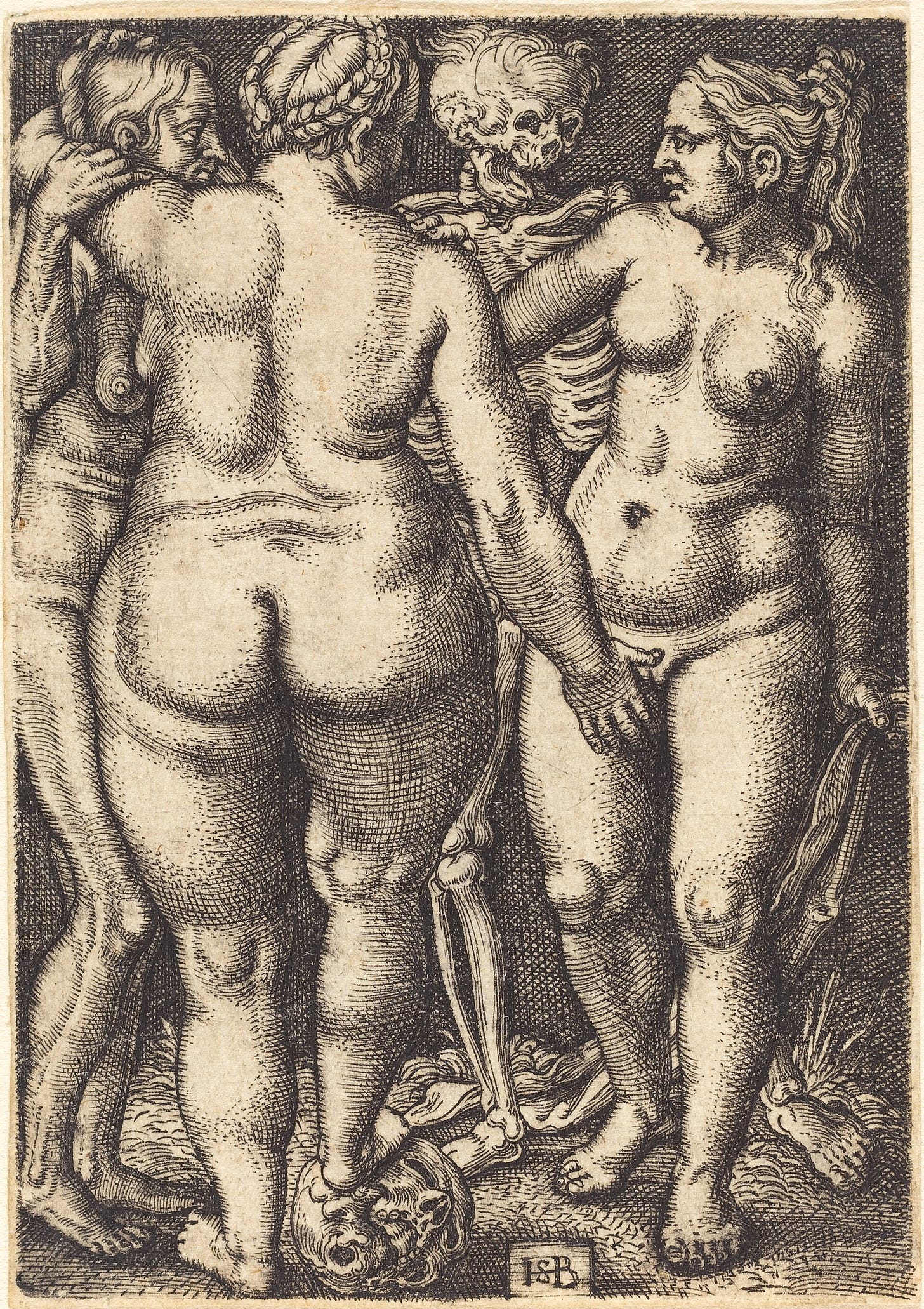 Small engraving of a skeleton beside three naked women of different ages, one woman rests her foot on a skull and holds an old woman by the shoulder.