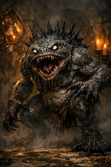 Lorelei transformed into a slaad, a massive toad-like monstrosity with ash-grey scaled skin, glowing pale eyes, coal-black spines erupting from her back, clawed hands and webbed talons, standing in the misty amber-lit catacombs of the Amber Temple Lorelei transformed into a slaad, a massive toad-like monstrosity with ash-grey scaled skin, glowing pale eyes, coal-black spines erupting from her back, clawed hands and webbed talons, standing in the misty amber-lit catacombs of the Amber Temple