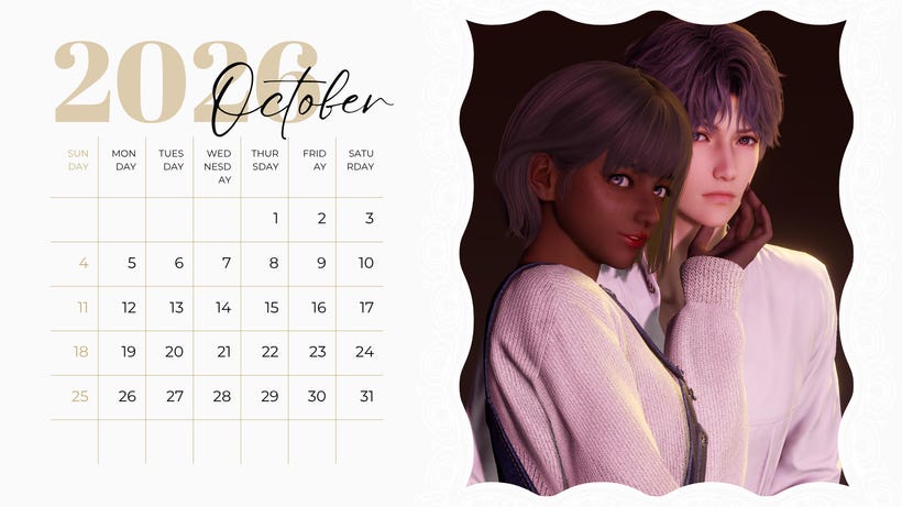 Ash Parrish's personalized calendar features her main character posing with her Love and Deepspace boyfriend