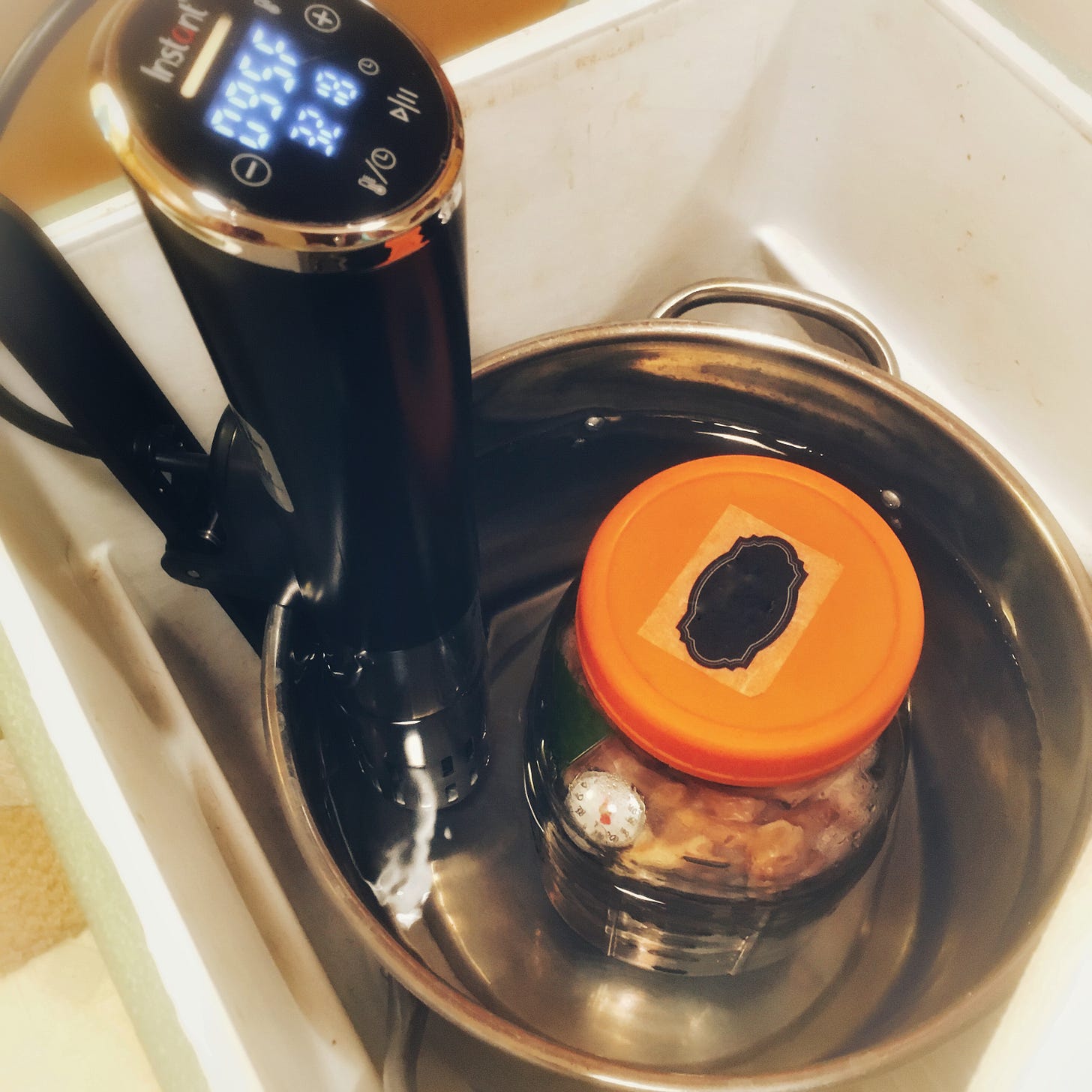 Sous vide soup pot cooler and cacao ferment in a mason jar