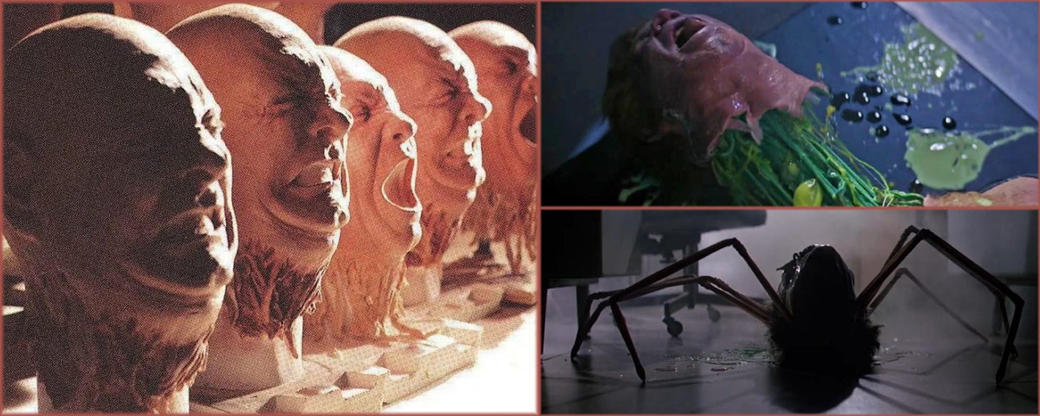 Three-image composition for The Thing (1982). Left: behind-the-scenes photograph of five foam latex Norris puppet heads lined up on a workbench, each with different expressions, built by Bob Worthington's team. Top right: film frame of the Norris-Thing head detaching from the body amid toxic fumes and green fluid. Bottom right: film frame of the finished spider-head puppet on the floor, radio-controlled wheeled device hidden beneath the body, spider legs fully extended.