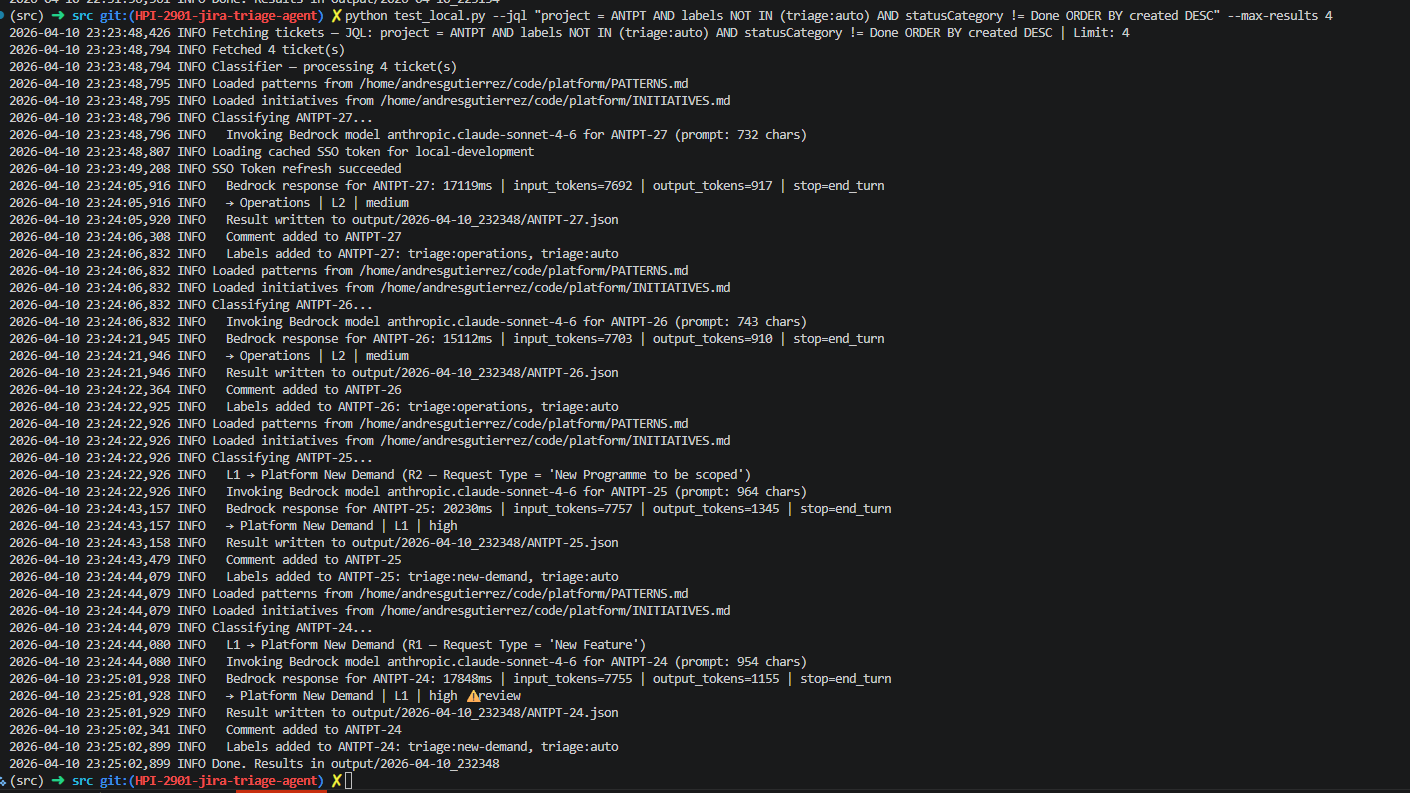Terminal output from the triage agent