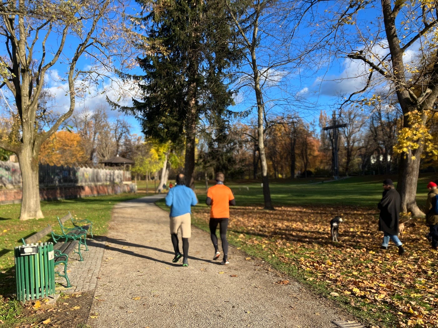 Leaves on the grass by the path as runners go towards a tall cross (10m+)
