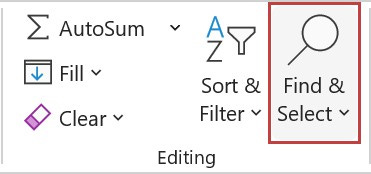 The Find & Select menu is located in the Editing tab