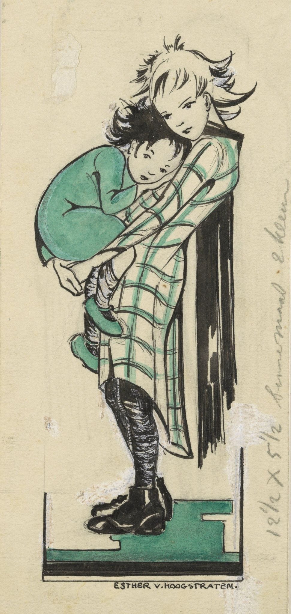 Narrow vertical pen and ink drawing on faded and torn paper or card stock. A young, spiky-haired blonde person in a green plaid dress and shiny black boots cradles a dark-haired child in wearing a green outfit and shoes. The image is signed in small caps by the artist at the bottom, and along the righthand vertical edge are written in pencil the dimensions 12 1/2 x 5/12 and some illegible words in cursive. Narrow vertical pen and ink drawing on faded and torn paper or card stock. A young, spiky-haired blonde person in a green plaid dress and shiny black boots cradles a dark-haired child in wearing a green outfit and shoes. The image is signed in small caps by the artist at the bottom, and along the righthand vertical edge are written in pencil the dimensions 12 1/2 x 5/12 and some illegible words in cursive.