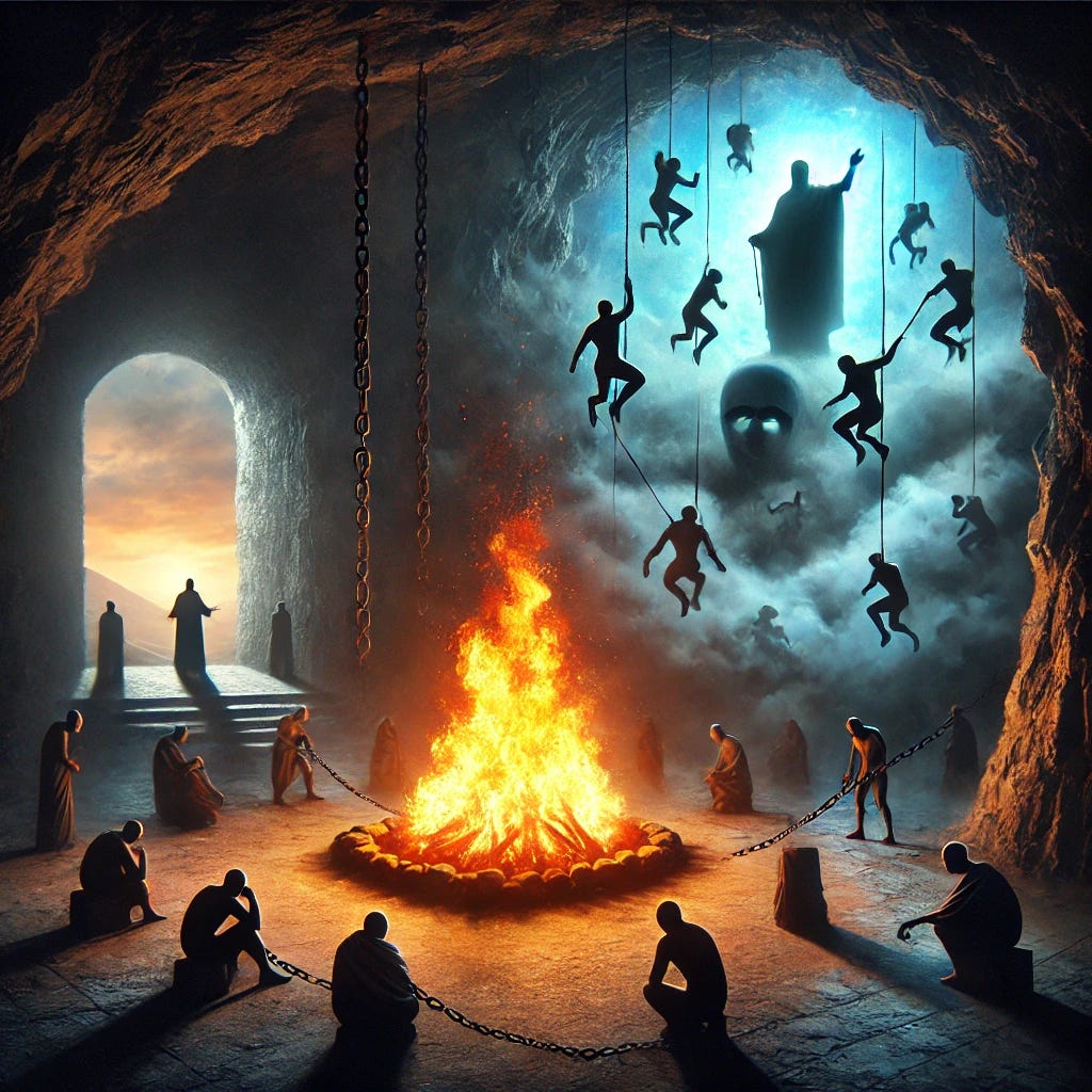 A surreal digital painting blending the themes of Plato's Allegory of the Cave and the Bonfire of Truth. The image depicts a dark cave where shadowy figures are chained, watching flickering shadows on the wall. In the center, a large bonfire burns brightly, casting shifting illusions on the cave walls. Silhouettes of powerful figures stand behind the fire, manipulating its flames, while outside the cave, a distant opening reveals a bright, untouched reality. The scene conveys a sense of deception, control, and the struggle for enlightenment.