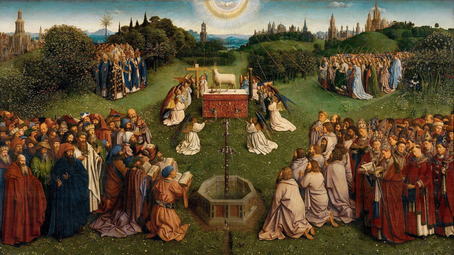 The Adoration of the Lamb, <em>The Ghent Altarpiece</em>, Part III<br /> by  Hubert & Jan van Eyck by Mary Elizabeth Podles | Touchstone: A Journal of  Mere Christianity