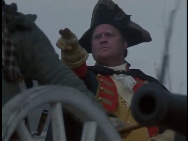 Hessians; Colonel Rall dresses himself; General Knox gives the order to fire; Hessians are thrown into the air by a cannon blast.