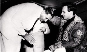 The Ismaili Imam of the Time Blessing Vizier Rajabali Meghji Vissram at DSM Oct 1957. Credit: Simerg The Ismaili Imam of the Time Blessing Vizier Rajabali Meghji Vissram at DSM Oct 1957. Credit: Simerg