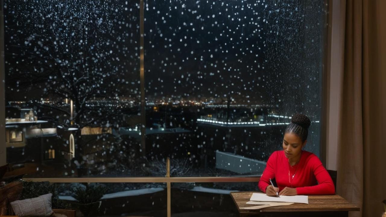 African American woman sitting in an urban  room at a table while writing a letter with a wintry rain night no tree
No Christmas tree no tree